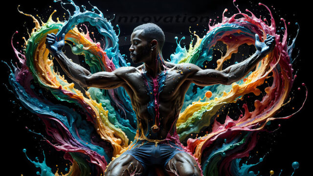 AI-generated abstract art images, featuring sexy, handsome, shirtless men, boys, lads, controlling colorful liquid water. A full-body photograph of a handsome young man with a strong muscular physique, and beautiful eyes. He starts to create a powerful and dynamic swirling vortex of rainbow colored liquid water. The vibrant and colorful water erupts and cascades forward. The fluid is dynamic, multiplying rapidly, and begins to dance in the air. The man, with a playful smile, interacts with the swirling fluids, his hands reaching out to manipulate the circular motion. The scene has a surreal, otherworldly feel, with a dreamlike atmosphere created by volumetric lighting, dramatic shadows, and an impossible color palette.