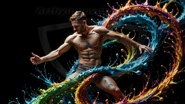 AI-generated abstract art images, featuring sexy, handsome, shirtless men, boys, lads, controlling colorful liquid water. A full-body photograph of a handsome young man with a strong muscular physique, and beautiful eyes. He starts to create a powerful and dynamic swirling vortex of rainbow colored liquid water. The vibrant and colorful water erupts and cascades forward. The fluid is dynamic, multiplying rapidly, and begins to dance in the air. The man, with a playful smile, interacts with the swirling fluids, his hands reaching out to manipulate the circular motion. The scene has a surreal, otherworldly feel, with a dreamlike atmosphere created by volumetric lighting, dramatic shadows, and an impossible color palette.