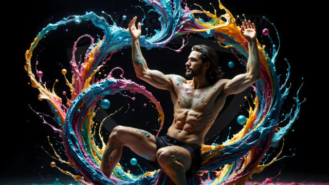 AI-generated abstract art images, featuring sexy, handsome, shirtless men, boys, lads, controlling colorful liquid water. A full-body photograph of a handsome young man with a strong muscular physique, and beautiful eyes. He starts to create a powerful and dynamic swirling vortex of rainbow colored liquid water. The vibrant and colorful water erupts and cascades forward. The fluid is dynamic, multiplying rapidly, and begins to dance in the air. The man, with a playful smile, interacts with the swirling fluids, his hands reaching out to manipulate the circular motion. The scene has a surreal, otherworldly feel, with a dreamlike atmosphere created by volumetric lighting, dramatic shadows, and an impossible color palette.