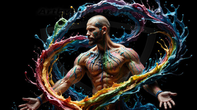 AI-generated abstract art images, featuring sexy, handsome, shirtless men, boys, lads, controlling colorful liquid water. A full-body photograph of a handsome young man with a strong muscular physique, and beautiful eyes. He starts to create a powerful and dynamic swirling vortex of rainbow colored liquid water. The vibrant and colorful water erupts and cascades forward. The fluid is dynamic, multiplying rapidly, and begins to dance in the air. The man, with a playful smile, interacts with the swirling fluids, his hands reaching out to manipulate the circular motion. The scene has a surreal, otherworldly feel, with a dreamlike atmosphere created by volumetric lighting, dramatic shadows, and an impossible color palette.
