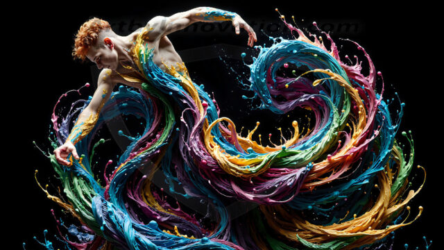 AI-generated abstract art images, featuring sexy, handsome, shirtless men, boys, lads, controlling colorful liquid water. A full-body photograph of a handsome young man with a strong muscular physique, and beautiful eyes. He starts to create a powerful and dynamic swirling vortex of rainbow colored liquid water. The vibrant and colorful water erupts and cascades forward. The fluid is dynamic, multiplying rapidly, and begins to dance in the air. The man, with a playful smile, interacts with the swirling fluids, his hands reaching out to manipulate the circular motion. The scene has a surreal, otherworldly feel, with a dreamlike atmosphere created by volumetric lighting, dramatic shadows, and an impossible color palette.