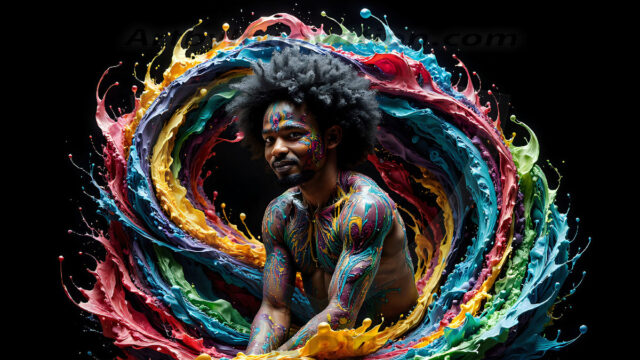 AI-generated abstract art images, featuring sexy, handsome, shirtless men, boys, lads, controlling colorful liquid water. A full-body photograph of a handsome young man with a strong muscular physique, and beautiful eyes. He starts to create a powerful and dynamic swirling vortex of rainbow colored liquid water. The vibrant and colorful water erupts and cascades forward. The fluid is dynamic, multiplying rapidly, and begins to dance in the air. The man, with a playful smile, interacts with the swirling fluids, his hands reaching out to manipulate the circular motion. The scene has a surreal, otherworldly feel, with a dreamlike atmosphere created by volumetric lighting, dramatic shadows, and an impossible color palette.