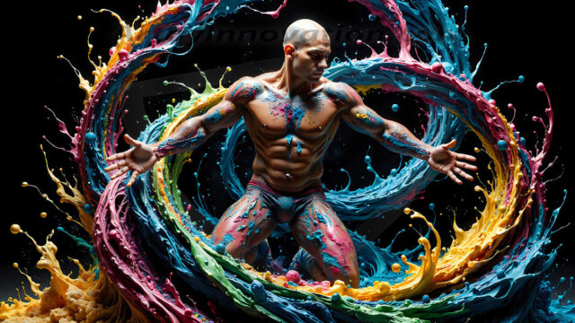 AI-generated abstract art images, featuring sexy, handsome, shirtless men, boys, lads, controlling colorful liquid water. A full-body photograph of a handsome young man with a strong muscular physique, and beautiful eyes. He starts to create a powerful and dynamic swirling vortex of rainbow colored liquid water. The vibrant and colorful water erupts and cascades forward. The fluid is dynamic, multiplying rapidly, and begins to dance in the air. The man, with a playful smile, interacts with the swirling fluids, his hands reaching out to manipulate the circular motion. The scene has a surreal, otherworldly feel, with a dreamlike atmosphere created by volumetric lighting, dramatic shadows, and an impossible color palette.