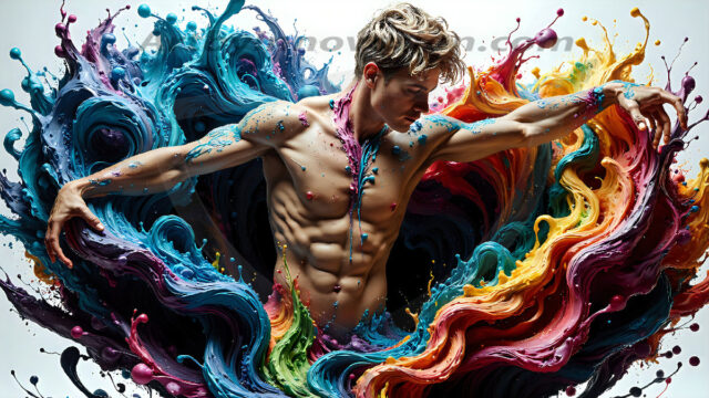 AI-generated abstract art images, featuring sexy, handsome, shirtless men, boys, lads, controlling colorful liquid water. A full-body photograph of a handsome young man with a strong muscular physique, and beautiful eyes. He starts to create a powerful and dynamic swirling vortex of rainbow colored liquid water. The vibrant and colorful water erupts and cascades forward. The fluid is dynamic, multiplying rapidly, and begins to dance in the air. The man, with a playful smile, interacts with the swirling fluids, his hands reaching out to manipulate the circular motion. The scene has a surreal, otherworldly feel, with a dreamlike atmosphere created by volumetric lighting, dramatic shadows, and an impossible color palette.
