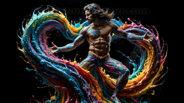 AI-generated abstract art images, featuring sexy, handsome, shirtless men, boys, lads, controlling colorful liquid water. A full-body photograph of a handsome young man with a strong muscular physique, and beautiful eyes. He starts to create a powerful and dynamic swirling vortex of rainbow colored liquid water. The vibrant and colorful water erupts and cascades forward. The fluid is dynamic, multiplying rapidly, and begins to dance in the air. The man, with a playful smile, interacts with the swirling fluids, his hands reaching out to manipulate the circular motion. The scene has a surreal, otherworldly feel, with a dreamlike atmosphere created by volumetric lighting, dramatic shadows, and an impossible color palette.