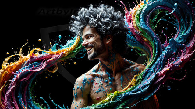 AI-generated abstract art images, featuring sexy, handsome, shirtless men, boys, lads, controlling colorful liquid water. A full-body photograph of a handsome young man with a strong muscular physique, and beautiful eyes. He starts to create a powerful and dynamic swirling vortex of rainbow colored liquid water. The vibrant and colorful water erupts and cascades forward. The fluid is dynamic, multiplying rapidly, and begins to dance in the air. The man, with a playful smile, interacts with the swirling fluids, his hands reaching out to manipulate the circular motion. The scene has a surreal, otherworldly feel, with a dreamlike atmosphere created by volumetric lighting, dramatic shadows, and an impossible color palette.