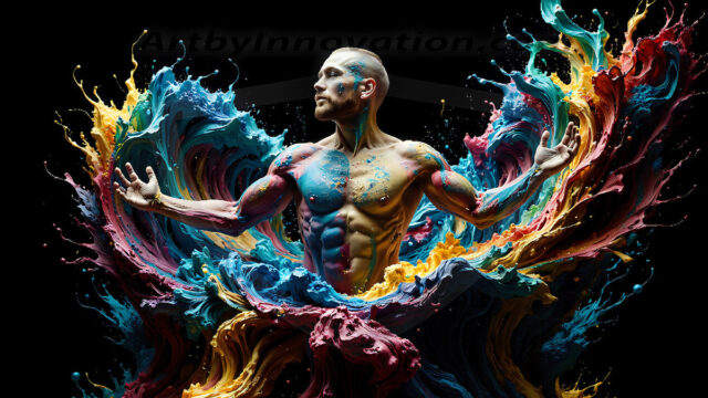 AI-generated abstract art images, featuring sexy, handsome, shirtless men, boys, lads, controlling colorful liquid water. A full-body photograph of a handsome young man with a strong muscular physique, and beautiful eyes. He starts to create a powerful and dynamic swirling vortex of rainbow colored liquid water. The vibrant and colorful water erupts and cascades forward. The fluid is dynamic, multiplying rapidly, and begins to dance in the air. The man, with a playful smile, interacts with the swirling fluids, his hands reaching out to manipulate the circular motion. The scene has a surreal, otherworldly feel, with a dreamlike atmosphere created by volumetric lighting, dramatic shadows, and an impossible color palette.