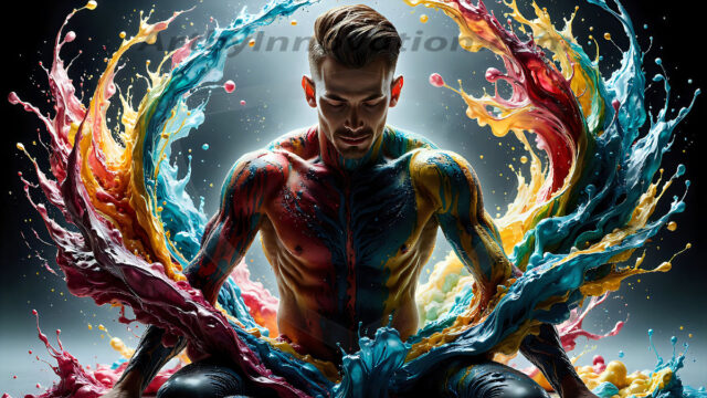 AI-generated abstract art images, featuring sexy, handsome, shirtless men, boys, lads, controlling colorful liquid water. A full-body photograph of a handsome young man with a strong muscular physique, and beautiful eyes. He starts to create a powerful and dynamic swirling vortex of rainbow colored liquid water. The vibrant and colorful water erupts and cascades forward. The fluid is dynamic, multiplying rapidly, and begins to dance in the air. The man, with a playful smile, interacts with the swirling fluids, his hands reaching out to manipulate the circular motion. The scene has a surreal, otherworldly feel, with a dreamlike atmosphere created by volumetric lighting, dramatic shadows, and an impossible color palette.