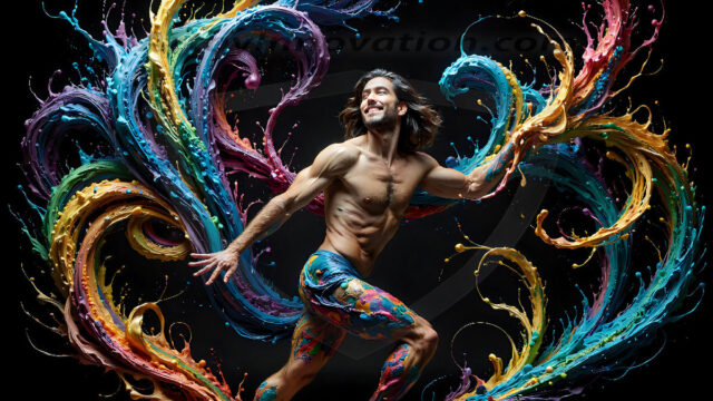 AI-generated abstract art images, featuring sexy, handsome, shirtless men, boys, lads, controlling colorful liquid water. A full-body photograph of a handsome young man with a strong muscular physique, and beautiful eyes. He starts to create a powerful and dynamic swirling vortex of rainbow colored liquid water. The vibrant and colorful water erupts and cascades forward. The fluid is dynamic, multiplying rapidly, and begins to dance in the air. The man, with a playful smile, interacts with the swirling fluids, his hands reaching out to manipulate the circular motion. The scene has a surreal, otherworldly feel, with a dreamlike atmosphere created by volumetric lighting, dramatic shadows, and an impossible color palette.