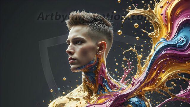 AI-generated abstract art images, featuring sexy, handsome, shirtless men, boys, lads, controlling colorful liquid water. A full-body photograph of a handsome young man with a strong muscular physique, and beautiful eyes. He starts to create a powerful and dynamic swirling vortex of rainbow colored liquid water. The vibrant and colorful water erupts and cascades forward. The fluid is dynamic, multiplying rapidly, and begins to dance in the air. The man, with a playful smile, interacts with the swirling fluids, his hands reaching out to manipulate the circular motion. The scene has a surreal, otherworldly feel, with a dreamlike atmosphere created by volumetric lighting, dramatic shadows, and an impossible color palette.