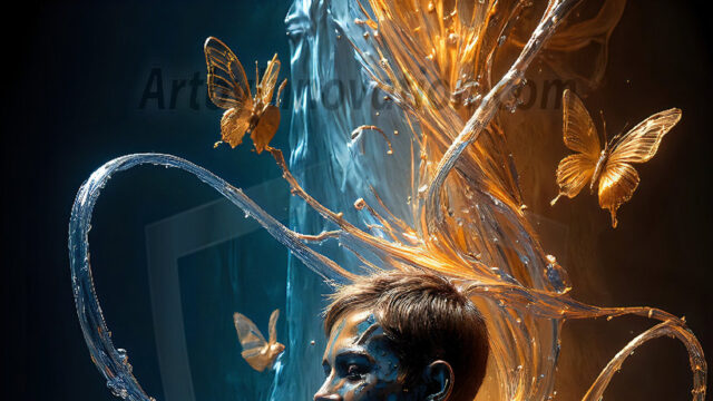 AI-generated abstract art images, featuring sexy, handsome, shirtless men, boys, lads, controlling colorful liquid water. A full-body photograph of a handsome young man with a strong muscular physique, and beautiful eyes. He starts to create a powerful and dynamic swirling vortex of rainbow colored liquid water. The vibrant and colorful water erupts and cascades forward. The fluid is dynamic, multiplying rapidly, and begins to dance in the air. The man, with a playful smile, interacts with the swirling fluids, his hands reaching out to manipulate the circular motion. The scene has a surreal, otherworldly feel, with a dreamlike atmosphere created by volumetric lighting, dramatic shadows, and an impossible color palette.