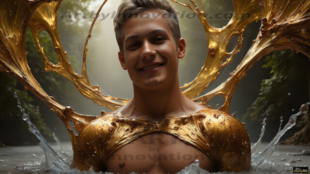 AI-generated abstract art images, featuring sexy, handsome, shirtless men, boys, lads, controlling colorful liquid water. A full-body photograph of a handsome young man with a strong muscular physique, and beautiful eyes. He starts to create a powerful and dynamic swirling vortex of rainbow colored liquid water. The vibrant and colorful water erupts and cascades forward. The fluid is dynamic, multiplying rapidly, and begins to dance in the air. The man, with a playful smile, interacts with the swirling fluids, his hands reaching out to manipulate the circular motion. The scene has a surreal, otherworldly feel, with a dreamlike atmosphere created by volumetric lighting, dramatic shadows, and an impossible color palette.