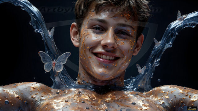 AI-generated abstract art images, featuring sexy, handsome, shirtless men, boys, lads, controlling colorful liquid water. A full-body photograph of a handsome young man with a strong muscular physique, and beautiful eyes. He starts to create a powerful and dynamic swirling vortex of rainbow colored liquid water. The vibrant and colorful water erupts and cascades forward. The fluid is dynamic, multiplying rapidly, and begins to dance in the air. The man, with a playful smile, interacts with the swirling fluids, his hands reaching out to manipulate the circular motion. The scene has a surreal, otherworldly feel, with a dreamlike atmosphere created by volumetric lighting, dramatic shadows, and an impossible color palette.