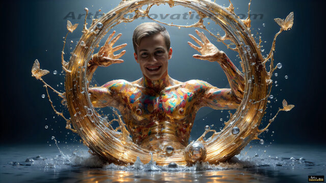 AI-generated abstract art images, featuring sexy, handsome, shirtless men, boys, lads, controlling colorful liquid water. A full-body photograph of a handsome young man with a strong muscular physique, and beautiful eyes. He starts to create a powerful and dynamic swirling vortex of rainbow colored liquid water. The vibrant and colorful water erupts and cascades forward. The fluid is dynamic, multiplying rapidly, and begins to dance in the air. The man, with a playful smile, interacts with the swirling fluids, his hands reaching out to manipulate the circular motion. The scene has a surreal, otherworldly feel, with a dreamlike atmosphere created by volumetric lighting, dramatic shadows, and an impossible color palette.