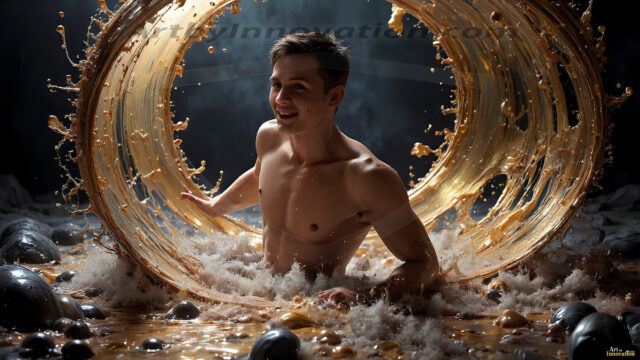 AI-generated abstract art images, featuring sexy, handsome, shirtless men, boys, lads, controlling colorful liquid water. A full-body photograph of a handsome young man with a strong muscular physique, and beautiful eyes. He starts to create a powerful and dynamic swirling vortex of rainbow colored liquid water. The vibrant and colorful water erupts and cascades forward. The fluid is dynamic, multiplying rapidly, and begins to dance in the air. The man, with a playful smile, interacts with the swirling fluids, his hands reaching out to manipulate the circular motion. The scene has a surreal, otherworldly feel, with a dreamlike atmosphere created by volumetric lighting, dramatic shadows, and an impossible color palette.