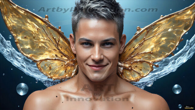 AI-generated abstract art images, featuring sexy, handsome, shirtless men, boys, lads, controlling colorful liquid water. A full-body photograph of a handsome young man with a strong muscular physique, and beautiful eyes. He starts to create a powerful and dynamic swirling vortex of rainbow colored liquid water. The vibrant and colorful water erupts and cascades forward. The fluid is dynamic, multiplying rapidly, and begins to dance in the air. The man, with a playful smile, interacts with the swirling fluids, his hands reaching out to manipulate the circular motion. The scene has a surreal, otherworldly feel, with a dreamlike atmosphere created by volumetric lighting, dramatic shadows, and an impossible color palette.