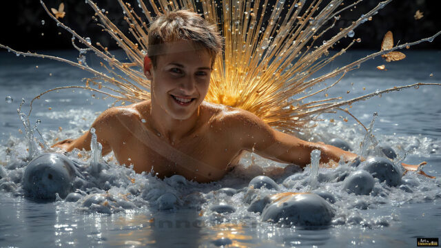 AI-generated abstract art images, featuring sexy, handsome, shirtless men, boys, lads, controlling colorful liquid water. A full-body photograph of a handsome young man with a strong muscular physique, and beautiful eyes. He starts to create a powerful and dynamic swirling vortex of rainbow colored liquid water. The vibrant and colorful water erupts and cascades forward. The fluid is dynamic, multiplying rapidly, and begins to dance in the air. The man, with a playful smile, interacts with the swirling fluids, his hands reaching out to manipulate the circular motion. The scene has a surreal, otherworldly feel, with a dreamlike atmosphere created by volumetric lighting, dramatic shadows, and an impossible color palette.