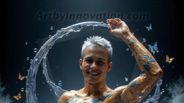 AI-generated abstract art images, featuring sexy, handsome, shirtless men, boys, lads, controlling colorful liquid water. A full-body photograph of a handsome young man with a strong muscular physique, and beautiful eyes. He starts to create a powerful and dynamic swirling vortex of rainbow colored liquid water. The vibrant and colorful water erupts and cascades forward. The fluid is dynamic, multiplying rapidly, and begins to dance in the air. The man, with a playful smile, interacts with the swirling fluids, his hands reaching out to manipulate the circular motion. The scene has a surreal, otherworldly feel, with a dreamlike atmosphere created by volumetric lighting, dramatic shadows, and an impossible color palette.