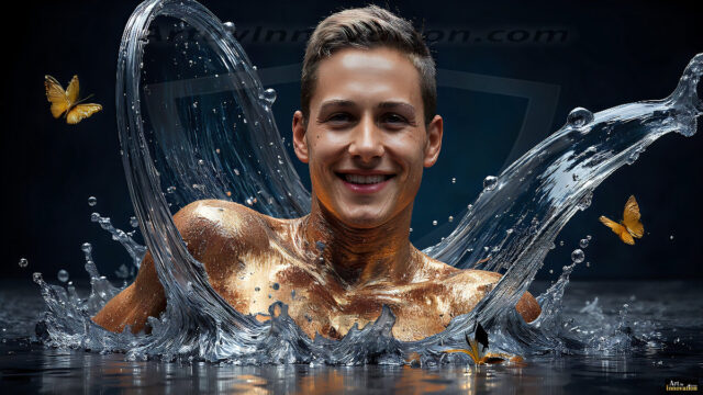 AI-generated abstract art images, featuring sexy, handsome, shirtless men, boys, lads, controlling colorful liquid water. A full-body photograph of a handsome young man with a strong muscular physique, and beautiful eyes. He starts to create a powerful and dynamic swirling vortex of rainbow colored liquid water. The vibrant and colorful water erupts and cascades forward. The fluid is dynamic, multiplying rapidly, and begins to dance in the air. The man, with a playful smile, interacts with the swirling fluids, his hands reaching out to manipulate the circular motion. The scene has a surreal, otherworldly feel, with a dreamlike atmosphere created by volumetric lighting, dramatic shadows, and an impossible color palette.