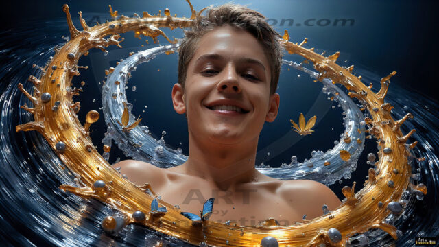 AI-generated abstract art images, featuring sexy, handsome, shirtless men, boys, lads, controlling colorful liquid water. A full-body photograph of a handsome young man with a strong muscular physique, and beautiful eyes. He starts to create a powerful and dynamic swirling vortex of rainbow colored liquid water. The vibrant and colorful water erupts and cascades forward. The fluid is dynamic, multiplying rapidly, and begins to dance in the air. The man, with a playful smile, interacts with the swirling fluids, his hands reaching out to manipulate the circular motion. The scene has a surreal, otherworldly feel, with a dreamlike atmosphere created by volumetric lighting, dramatic shadows, and an impossible color palette.