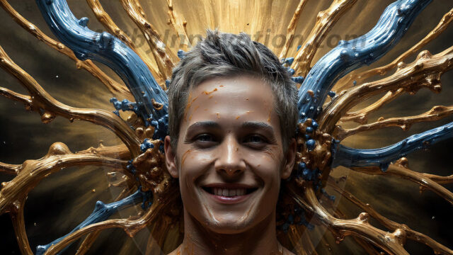 AI-generated abstract art images, featuring sexy, handsome, shirtless men, boys, lads, controlling colorful liquid water. A full-body photograph of a handsome young man with a strong muscular physique, and beautiful eyes. He starts to create a powerful and dynamic swirling vortex of rainbow colored liquid water. The vibrant and colorful water erupts and cascades forward. The fluid is dynamic, multiplying rapidly, and begins to dance in the air. The man, with a playful smile, interacts with the swirling fluids, his hands reaching out to manipulate the circular motion. The scene has a surreal, otherworldly feel, with a dreamlike atmosphere created by volumetric lighting, dramatic shadows, and an impossible color palette.