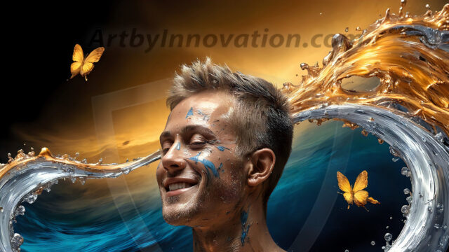 AI-generated abstract art images, featuring sexy, handsome, shirtless men, boys, lads, controlling colorful liquid water. A full-body photograph of a handsome young man with a strong muscular physique, and beautiful eyes. He starts to create a powerful and dynamic swirling vortex of rainbow colored liquid water. The vibrant and colorful water erupts and cascades forward. The fluid is dynamic, multiplying rapidly, and begins to dance in the air. The man, with a playful smile, interacts with the swirling fluids, his hands reaching out to manipulate the circular motion. The scene has a surreal, otherworldly feel, with a dreamlike atmosphere created by volumetric lighting, dramatic shadows, and an impossible color palette.