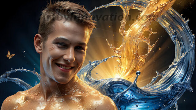 AI-generated abstract art images, featuring sexy, handsome, shirtless men, boys, lads, controlling colorful liquid water. A full-body photograph of a handsome young man with a strong muscular physique, and beautiful eyes. He starts to create a powerful and dynamic swirling vortex of rainbow colored liquid water. The vibrant and colorful water erupts and cascades forward. The fluid is dynamic, multiplying rapidly, and begins to dance in the air. The man, with a playful smile, interacts with the swirling fluids, his hands reaching out to manipulate the circular motion. The scene has a surreal, otherworldly feel, with a dreamlike atmosphere created by volumetric lighting, dramatic shadows, and an impossible color palette.