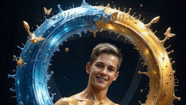 AI-generated abstract art images, featuring sexy, handsome, shirtless men, boys, lads, controlling colorful liquid water. A full-body photograph of a handsome young man with a strong muscular physique, and beautiful eyes. He starts to create a powerful and dynamic swirling vortex of rainbow colored liquid water. The vibrant and colorful water erupts and cascades forward. The fluid is dynamic, multiplying rapidly, and begins to dance in the air. The man, with a playful smile, interacts with the swirling fluids, his hands reaching out to manipulate the circular motion. The scene has a surreal, otherworldly feel, with a dreamlike atmosphere created by volumetric lighting, dramatic shadows, and an impossible color palette.
