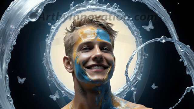 AI-generated abstract art images, featuring sexy, handsome, shirtless men, boys, lads, controlling colorful liquid water. A full-body photograph of a handsome young man with a strong muscular physique, and beautiful eyes. He starts to create a powerful and dynamic swirling vortex of rainbow colored liquid water. The vibrant and colorful water erupts and cascades forward. The fluid is dynamic, multiplying rapidly, and begins to dance in the air. The man, with a playful smile, interacts with the swirling fluids, his hands reaching out to manipulate the circular motion. The scene has a surreal, otherworldly feel, with a dreamlike atmosphere created by volumetric lighting, dramatic shadows, and an impossible color palette.