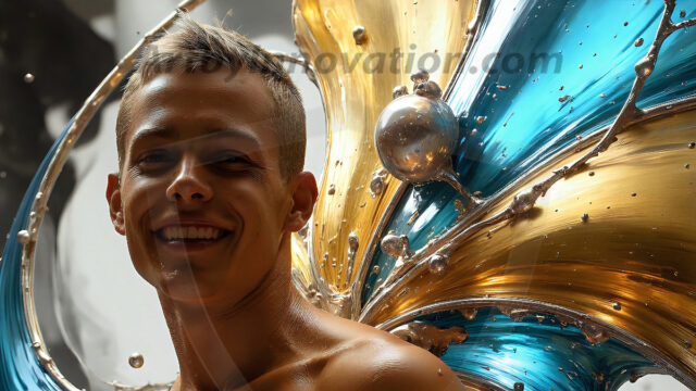 AI-generated abstract art images, featuring sexy, handsome, shirtless men, boys, lads, controlling colorful liquid water. A full-body photograph of a handsome young man with a strong muscular physique, and beautiful eyes. He starts to create a powerful and dynamic swirling vortex of rainbow colored liquid water. The vibrant and colorful water erupts and cascades forward. The fluid is dynamic, multiplying rapidly, and begins to dance in the air. The man, with a playful smile, interacts with the swirling fluids, his hands reaching out to manipulate the circular motion. The scene has a surreal, otherworldly feel, with a dreamlike atmosphere created by volumetric lighting, dramatic shadows, and an impossible color palette.