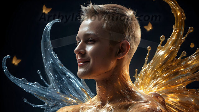 AI-generated abstract art images, featuring sexy, handsome, shirtless men, boys, lads, controlling colorful liquid water. A full-body photograph of a handsome young man with a strong muscular physique, and beautiful eyes. He starts to create a powerful and dynamic swirling vortex of rainbow colored liquid water. The vibrant and colorful water erupts and cascades forward. The fluid is dynamic, multiplying rapidly, and begins to dance in the air. The man, with a playful smile, interacts with the swirling fluids, his hands reaching out to manipulate the circular motion. The scene has a surreal, otherworldly feel, with a dreamlike atmosphere created by volumetric lighting, dramatic shadows, and an impossible color palette.