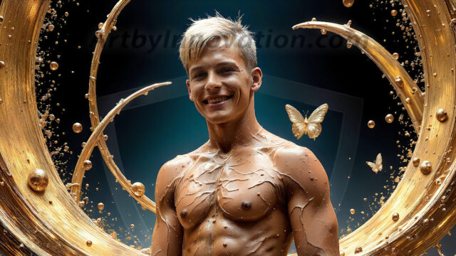 AI-generated abstract art images, featuring sexy, handsome, shirtless men, boys, lads, controlling colorful liquid water. A full-body photograph of a handsome young man with a strong muscular physique, and beautiful eyes. He starts to create a powerful and dynamic swirling vortex of rainbow colored liquid water. The vibrant and colorful water erupts and cascades forward. The fluid is dynamic, multiplying rapidly, and begins to dance in the air. The man, with a playful smile, interacts with the swirling fluids, his hands reaching out to manipulate the circular motion. The scene has a surreal, otherworldly feel, with a dreamlike atmosphere created by volumetric lighting, dramatic shadows, and an impossible color palette.