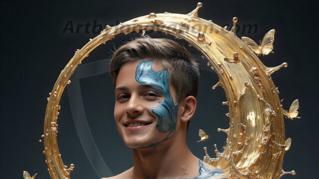 AI-generated abstract art images, featuring sexy, handsome, shirtless men, boys, lads, controlling colorful liquid water. A full-body photograph of a handsome young man with a strong muscular physique, and beautiful eyes. He starts to create a powerful and dynamic swirling vortex of rainbow colored liquid water. The vibrant and colorful water erupts and cascades forward. The fluid is dynamic, multiplying rapidly, and begins to dance in the air. The man, with a playful smile, interacts with the swirling fluids, his hands reaching out to manipulate the circular motion. The scene has a surreal, otherworldly feel, with a dreamlike atmosphere created by volumetric lighting, dramatic shadows, and an impossible color palette.