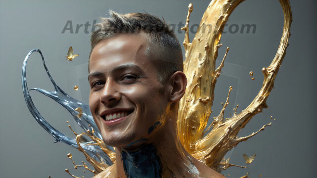 AI-generated abstract art images, featuring sexy, handsome, shirtless men, boys, lads, controlling colorful liquid water. A full-body photograph of a handsome young man with a strong muscular physique, and beautiful eyes. He starts to create a powerful and dynamic swirling vortex of rainbow colored liquid water. The vibrant and colorful water erupts and cascades forward. The fluid is dynamic, multiplying rapidly, and begins to dance in the air. The man, with a playful smile, interacts with the swirling fluids, his hands reaching out to manipulate the circular motion. The scene has a surreal, otherworldly feel, with a dreamlike atmosphere created by volumetric lighting, dramatic shadows, and an impossible color palette.