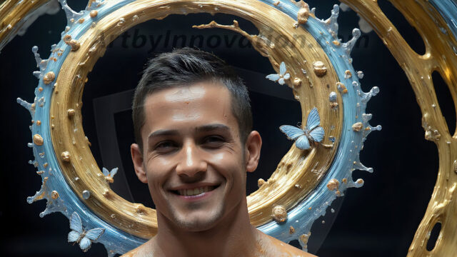 AI-generated abstract art images, featuring sexy, handsome, shirtless men, boys, lads, controlling colorful liquid water. A full-body photograph of a handsome young man with a strong muscular physique, and beautiful eyes. He starts to create a powerful and dynamic swirling vortex of rainbow colored liquid water. The vibrant and colorful water erupts and cascades forward. The fluid is dynamic, multiplying rapidly, and begins to dance in the air. The man, with a playful smile, interacts with the swirling fluids, his hands reaching out to manipulate the circular motion. The scene has a surreal, otherworldly feel, with a dreamlike atmosphere created by volumetric lighting, dramatic shadows, and an impossible color palette.