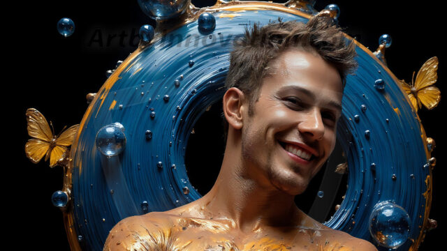 AI-generated abstract art images, featuring sexy, handsome, shirtless men, boys, lads, controlling colorful liquid water. A full-body photograph of a handsome young man with a strong muscular physique, and beautiful eyes. He starts to create a powerful and dynamic swirling vortex of rainbow colored liquid water. The vibrant and colorful water erupts and cascades forward. The fluid is dynamic, multiplying rapidly, and begins to dance in the air. The man, with a playful smile, interacts with the swirling fluids, his hands reaching out to manipulate the circular motion. The scene has a surreal, otherworldly feel, with a dreamlike atmosphere created by volumetric lighting, dramatic shadows, and an impossible color palette.