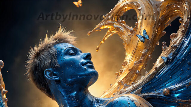 AI-generated abstract art images, featuring sexy, handsome, shirtless men, boys, lads, controlling colorful liquid water. A full-body photograph of a handsome young man with a strong muscular physique, and beautiful eyes. He starts to create a powerful and dynamic swirling vortex of rainbow colored liquid water. The vibrant and colorful water erupts and cascades forward. The fluid is dynamic, multiplying rapidly, and begins to dance in the air. The man, with a playful smile, interacts with the swirling fluids, his hands reaching out to manipulate the circular motion. The scene has a surreal, otherworldly feel, with a dreamlike atmosphere created by volumetric lighting, dramatic shadows, and an impossible color palette.