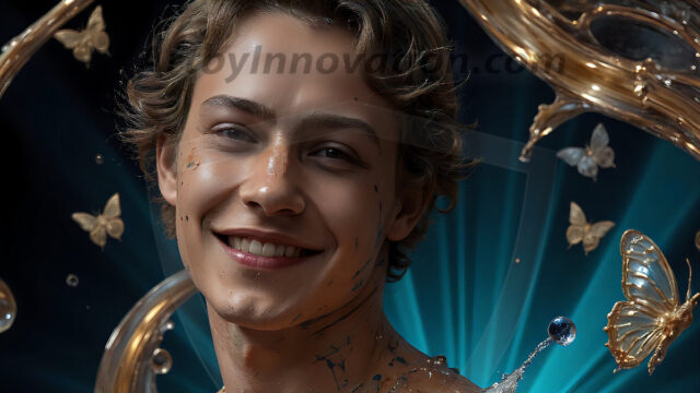 AI-generated abstract art images, featuring sexy, handsome, shirtless men, boys, lads, controlling colorful liquid water. A full-body photograph of a handsome young man with a strong muscular physique, and beautiful eyes. He starts to create a powerful and dynamic swirling vortex of rainbow colored liquid water. The vibrant and colorful water erupts and cascades forward. The fluid is dynamic, multiplying rapidly, and begins to dance in the air. The man, with a playful smile, interacts with the swirling fluids, his hands reaching out to manipulate the circular motion. The scene has a surreal, otherworldly feel, with a dreamlike atmosphere created by volumetric lighting, dramatic shadows, and an impossible color palette.