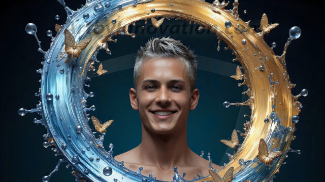 AI-generated abstract art images, featuring sexy, handsome, shirtless men, boys, lads, controlling colorful liquid water. A full-body photograph of a handsome young man with a strong muscular physique, and beautiful eyes. He starts to create a powerful and dynamic swirling vortex of rainbow colored liquid water. The vibrant and colorful water erupts and cascades forward. The fluid is dynamic, multiplying rapidly, and begins to dance in the air. The man, with a playful smile, interacts with the swirling fluids, his hands reaching out to manipulate the circular motion. The scene has a surreal, otherworldly feel, with a dreamlike atmosphere created by volumetric lighting, dramatic shadows, and an impossible color palette.