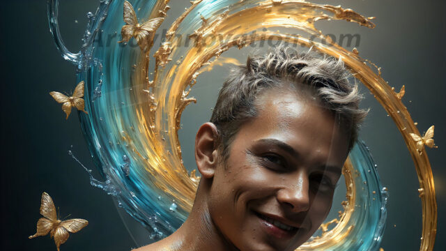 AI-generated abstract art images, featuring sexy, handsome, shirtless men, boys, lads, controlling colorful liquid water. A full-body photograph of a handsome young man with a strong muscular physique, and beautiful eyes. He starts to create a powerful and dynamic swirling vortex of rainbow colored liquid water. The vibrant and colorful water erupts and cascades forward. The fluid is dynamic, multiplying rapidly, and begins to dance in the air. The man, with a playful smile, interacts with the swirling fluids, his hands reaching out to manipulate the circular motion. The scene has a surreal, otherworldly feel, with a dreamlike atmosphere created by volumetric lighting, dramatic shadows, and an impossible color palette.