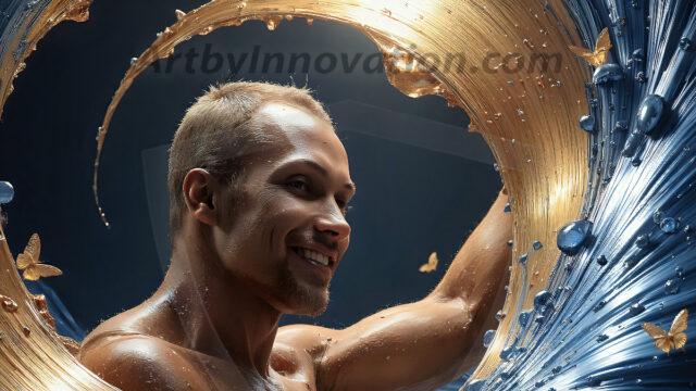 AI-generated abstract art images, featuring sexy, handsome, shirtless men, boys, lads, controlling colorful liquid water. A full-body photograph of a handsome young man with a strong muscular physique, and beautiful eyes. He starts to create a powerful and dynamic swirling vortex of rainbow colored liquid water. The vibrant and colorful water erupts and cascades forward. The fluid is dynamic, multiplying rapidly, and begins to dance in the air. The man, with a playful smile, interacts with the swirling fluids, his hands reaching out to manipulate the circular motion. The scene has a surreal, otherworldly feel, with a dreamlike atmosphere created by volumetric lighting, dramatic shadows, and an impossible color palette.