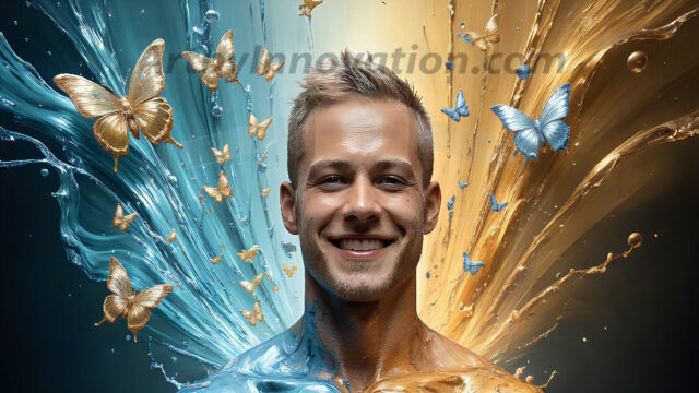 AI-generated abstract art images, featuring sexy, handsome, shirtless men, boys, lads, controlling colorful liquid water. A full-body photograph of a handsome young man with a strong muscular physique, and beautiful eyes. He starts to create a powerful and dynamic swirling vortex of rainbow colored liquid water. The vibrant and colorful water erupts and cascades forward. The fluid is dynamic, multiplying rapidly, and begins to dance in the air. The man, with a playful smile, interacts with the swirling fluids, his hands reaching out to manipulate the circular motion. The scene has a surreal, otherworldly feel, with a dreamlike atmosphere created by volumetric lighting, dramatic shadows, and an impossible color palette.