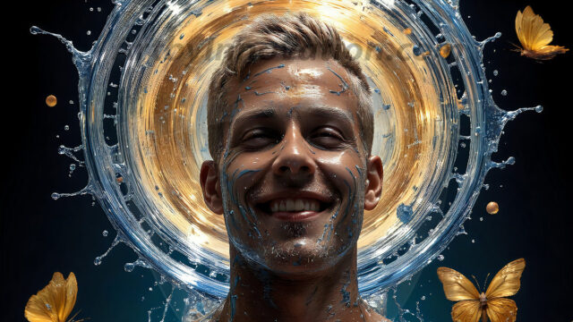 AI-generated abstract art images, featuring sexy, handsome, shirtless men, boys, lads, controlling colorful liquid water. A full-body photograph of a handsome young man with a strong muscular physique, and beautiful eyes. He starts to create a powerful and dynamic swirling vortex of rainbow colored liquid water. The vibrant and colorful water erupts and cascades forward. The fluid is dynamic, multiplying rapidly, and begins to dance in the air. The man, with a playful smile, interacts with the swirling fluids, his hands reaching out to manipulate the circular motion. The scene has a surreal, otherworldly feel, with a dreamlike atmosphere created by volumetric lighting, dramatic shadows, and an impossible color palette.