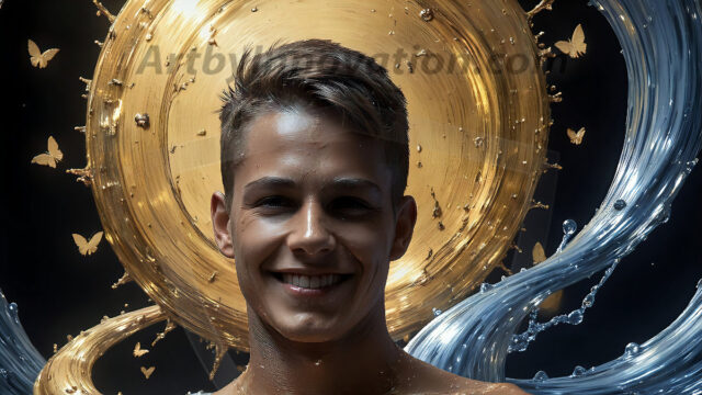 AI-generated abstract art images, featuring sexy, handsome, shirtless men, boys, lads, controlling colorful liquid water. A full-body photograph of a handsome young man with a strong muscular physique, and beautiful eyes. He starts to create a powerful and dynamic swirling vortex of rainbow colored liquid water. The vibrant and colorful water erupts and cascades forward. The fluid is dynamic, multiplying rapidly, and begins to dance in the air. The man, with a playful smile, interacts with the swirling fluids, his hands reaching out to manipulate the circular motion. The scene has a surreal, otherworldly feel, with a dreamlike atmosphere created by volumetric lighting, dramatic shadows, and an impossible color palette.