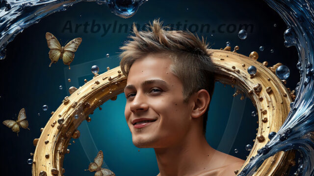 AI-generated abstract art images, featuring sexy, handsome, shirtless men, boys, lads, controlling colorful liquid water. A full-body photograph of a handsome young man with a strong muscular physique, and beautiful eyes. He starts to create a powerful and dynamic swirling vortex of rainbow colored liquid water. The vibrant and colorful water erupts and cascades forward. The fluid is dynamic, multiplying rapidly, and begins to dance in the air. The man, with a playful smile, interacts with the swirling fluids, his hands reaching out to manipulate the circular motion. The scene has a surreal, otherworldly feel, with a dreamlike atmosphere created by volumetric lighting, dramatic shadows, and an impossible color palette.