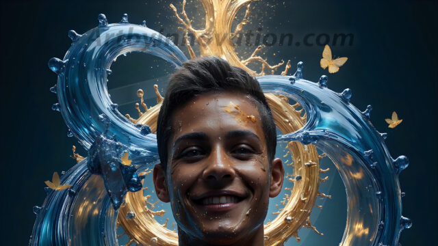 AI-generated abstract art images, featuring sexy, handsome, shirtless men, boys, lads, controlling colorful liquid water. A full-body photograph of a handsome young man with a strong muscular physique, and beautiful eyes. He starts to create a powerful and dynamic swirling vortex of rainbow colored liquid water. The vibrant and colorful water erupts and cascades forward. The fluid is dynamic, multiplying rapidly, and begins to dance in the air. The man, with a playful smile, interacts with the swirling fluids, his hands reaching out to manipulate the circular motion. The scene has a surreal, otherworldly feel, with a dreamlike atmosphere created by volumetric lighting, dramatic shadows, and an impossible color palette.