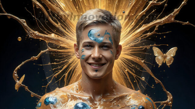 AI-generated abstract art images, featuring sexy, handsome, shirtless men, boys, lads, controlling colorful liquid water. A full-body photograph of a handsome young man with a strong muscular physique, and beautiful eyes. He starts to create a powerful and dynamic swirling vortex of rainbow colored liquid water. The vibrant and colorful water erupts and cascades forward. The fluid is dynamic, multiplying rapidly, and begins to dance in the air. The man, with a playful smile, interacts with the swirling fluids, his hands reaching out to manipulate the circular motion. The scene has a surreal, otherworldly feel, with a dreamlike atmosphere created by volumetric lighting, dramatic shadows, and an impossible color palette.