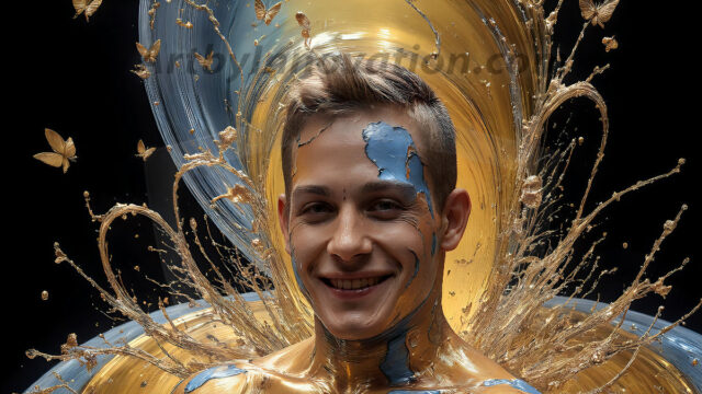 AI-generated abstract art images, featuring sexy, handsome, shirtless men, boys, lads, controlling colorful liquid water. A full-body photograph of a handsome young man with a strong muscular physique, and beautiful eyes. He starts to create a powerful and dynamic swirling vortex of rainbow colored liquid water. The vibrant and colorful water erupts and cascades forward. The fluid is dynamic, multiplying rapidly, and begins to dance in the air. The man, with a playful smile, interacts with the swirling fluids, his hands reaching out to manipulate the circular motion. The scene has a surreal, otherworldly feel, with a dreamlike atmosphere created by volumetric lighting, dramatic shadows, and an impossible color palette.