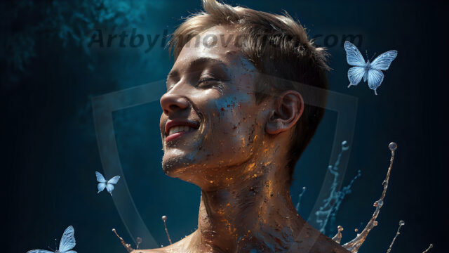 AI-generated abstract art images, featuring sexy, handsome, shirtless men, boys, lads, controlling colorful liquid water. A full-body photograph of a handsome young man with a strong muscular physique, and beautiful eyes. He starts to create a powerful and dynamic swirling vortex of rainbow colored liquid water. The vibrant and colorful water erupts and cascades forward. The fluid is dynamic, multiplying rapidly, and begins to dance in the air. The man, with a playful smile, interacts with the swirling fluids, his hands reaching out to manipulate the circular motion. The scene has a surreal, otherworldly feel, with a dreamlike atmosphere created by volumetric lighting, dramatic shadows, and an impossible color palette.