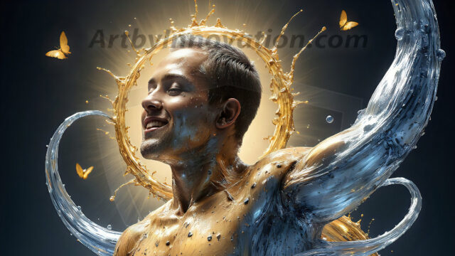 AI-generated abstract art images, featuring sexy, handsome, shirtless men, boys, lads, controlling colorful liquid water. A full-body photograph of a handsome young man with a strong muscular physique, and beautiful eyes. He starts to create a powerful and dynamic swirling vortex of rainbow colored liquid water. The vibrant and colorful water erupts and cascades forward. The fluid is dynamic, multiplying rapidly, and begins to dance in the air. The man, with a playful smile, interacts with the swirling fluids, his hands reaching out to manipulate the circular motion. The scene has a surreal, otherworldly feel, with a dreamlike atmosphere created by volumetric lighting, dramatic shadows, and an impossible color palette.